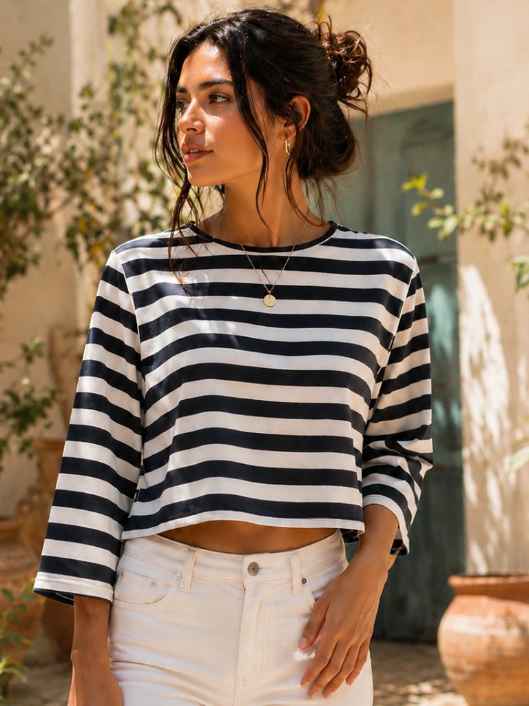 Mango Striped Crop Top L Xl Black White 3/4 Sleeve Preppy Casual Tee Mng Suit